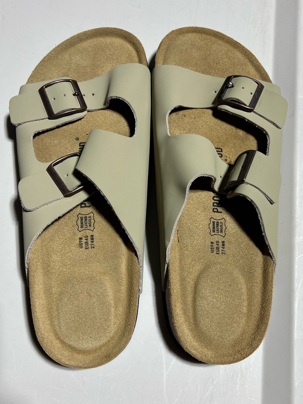 Project Cloud Beige Leather Double-Buckle Slide Sandals